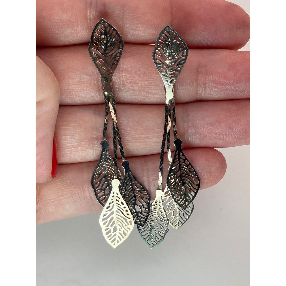 Silver Tone Filigree Leaf Dangle Earrings Boho Nature Statement Whimsy Fairycore